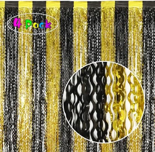 4 Pack Black and Gold Wavy Foil Fringe Curtains Pirthday Decorations,3.3 ft x 6.6 ft Metallic Foil Curtains, alternate view 2
