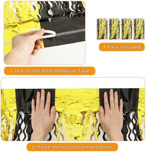 4 Pack Black and Gold Wavy Foil Fringe Curtains Pirthday Decorations,3.3 ft x 6.6 ft Metallic Foil Curtains, alternate view 3