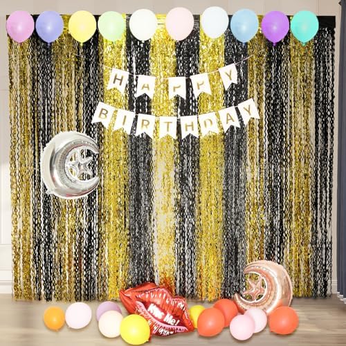 4 Pack Black and Gold Wavy Foil Fringe Curtains Pirthday Decorations,3.3 ft x 6.6 ft Metallic Foil Curtains, alternate view 4