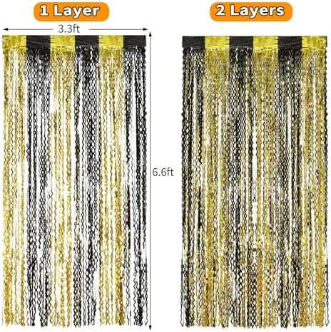 4 Pack Black and Gold Wavy Foil Fringe Curtains Pirthday Decorations,3.3 ft x 6.6 ft Metallic Foil Curtains, alternate view 5