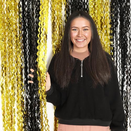 4 Pack Black and Gold Wavy Foil Fringe Curtains Pirthday Decorations,3.3 ft x 6.6 ft Metallic Foil Curtains, alternate view 6