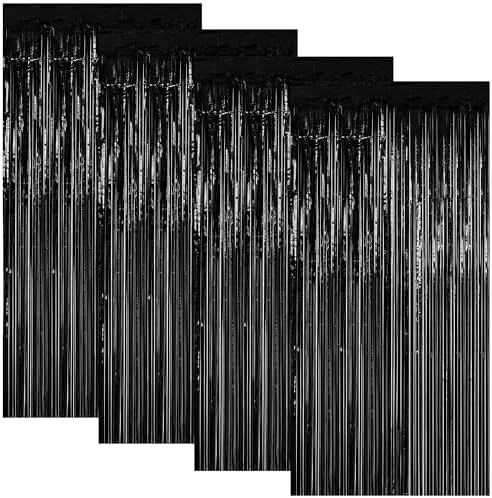 4 Pack Black Foil Fringe Curtain, Halloween Birthday Decorations Backdrop in 3.28 x 6.56 FT in Black