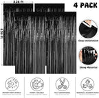 4 Pack Black Foil Fringe Curtain, Halloween Birthday Decorations Backdrop in 3.28 x 6.56 FT in Black, alternate view 2