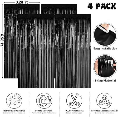 4 Pack Black Foil Fringe Curtain, Halloween Birthday Decorations Backdrop in 3.28 x 6.56 FT in Black, alternate view 2