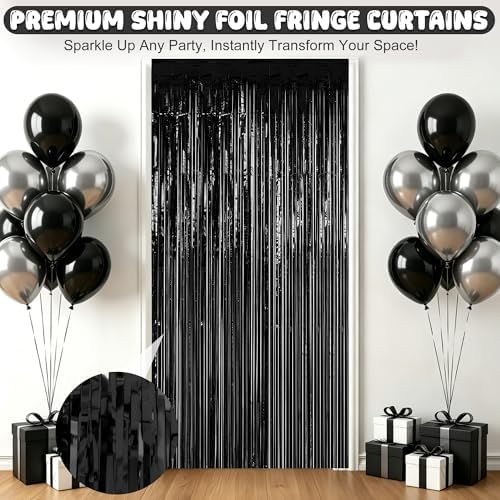 4 Pack Black Foil Fringe Curtain, Halloween Birthday Decorations Backdrop in 3.28 x 6.56 FT in Black, alternate view 3