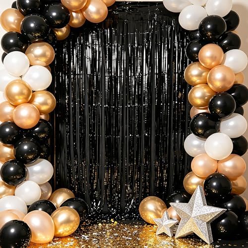 4 Pack Black Foil Fringe Curtain, Halloween Birthday Decorations Backdrop in 3.28 x 6.56 FT in Black, alternate view 7