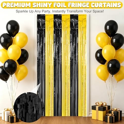 4 Pack Black Gold Foil Curtain Backdrop, New Year Party Birthday Decor in 3.28 x 6.56 FT in BlackGold, alternate view 3