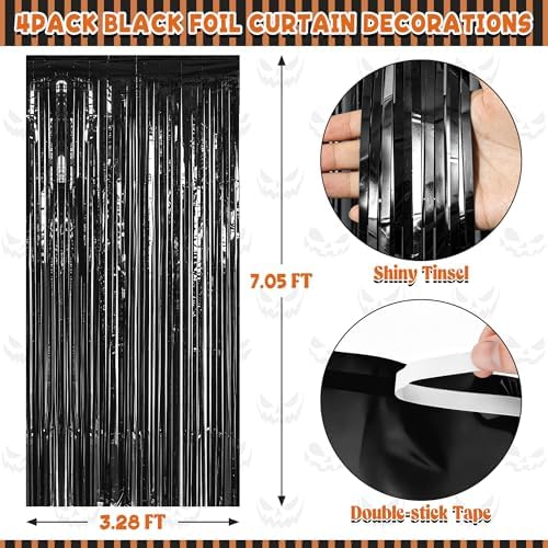 4 Pack Black Halloween Foil Curtain Streamer Decorations, alternate view 2
