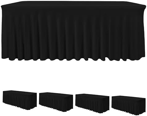 4 Pack Black Spandex Table Covers 8ft Rectangle Ruffle Skirts for Party