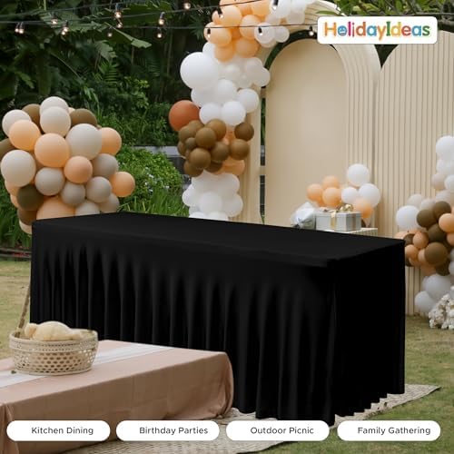 4 Pack Black Spandex Table Covers 8ft Rectangle Ruffle Skirts for Party, alternate view 4