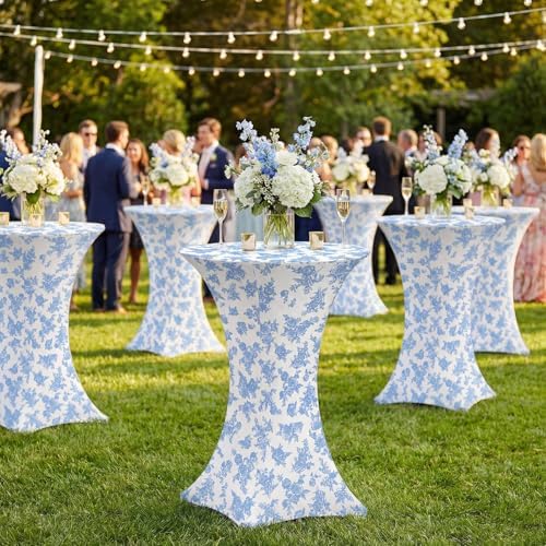 4 Pack Blue Floral Stretch Cocktail Table Covers, 32'' x 43'', alternate view 2