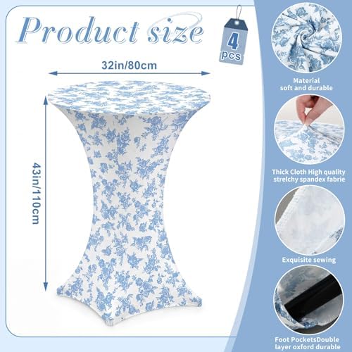 4 Pack Blue Floral Stretch Cocktail Table Covers, 32'' x 43'', alternate view 3
