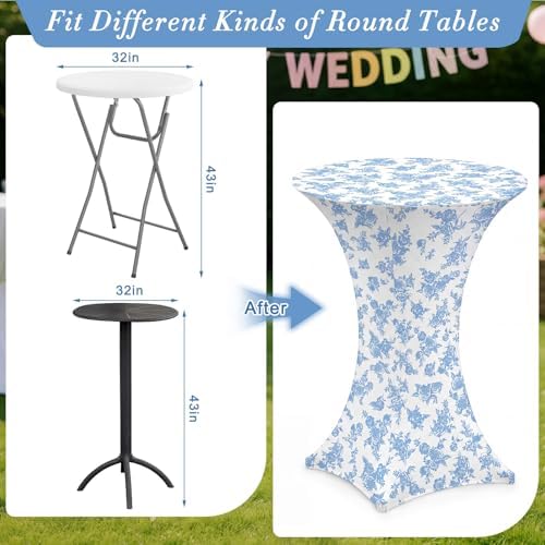4 Pack Blue Floral Stretch Cocktail Table Covers, 32'' x 43'', alternate view 4