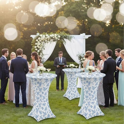 4 Pack Blue Floral Stretch Cocktail Table Covers, 32'' x 43'', alternate view 6