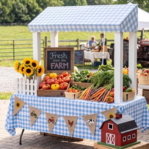 4 Pack Blue Gingham Cardboard Circus Awning, 3D Paper Awning, alternate view 5