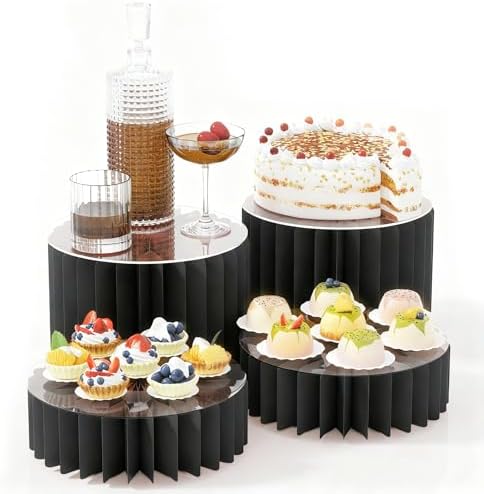 4 Pack Buffet Risers, FOLDABLE Accordion Food Display Risers for Dessert Table, Dessert Table Display Set, White