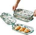 4 Pack Ceramic Platter with Handles, Square plate (green rose II) in green rose II