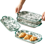4 Pack Ceramic Platter with Handles, Square plate (green rose II) in green rose II