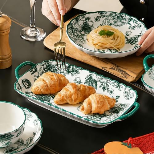 4 Pack Ceramic Platter with Handles, Square plate (green rose II) in green rose II, alternate view 2