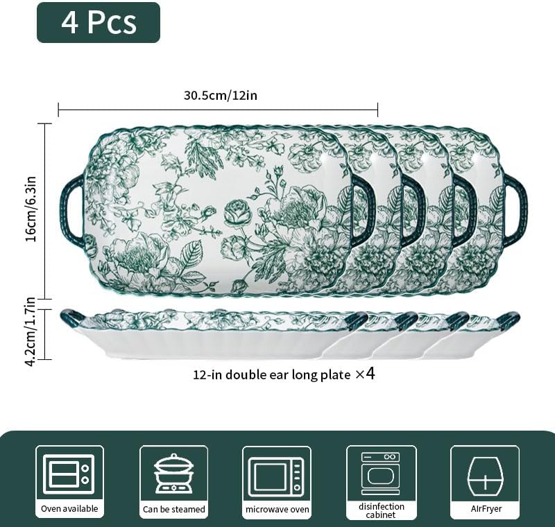 4 Pack Ceramic Platter with Handles, Square plate (green rose II) in green rose II, alternate view 3