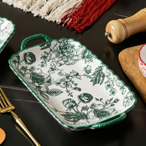 4 Pack Ceramic Platter with Handles, Square plate (green rose II) in green rose II, alternate view 4
