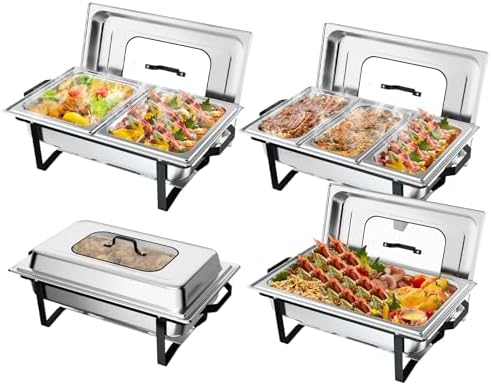 4 Pack Chafing Dishes for Buffet 7 Pan, 9QT Stainless Steel Chafing Dish Buf FET Set with Upgraded Glass Lid