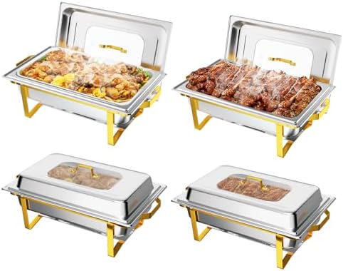 4 Pack Chafing Dishes for Buffet 9QT Stainless Steel Chafing Dish Buffet Set with Upgraded Glass Window [Elegant