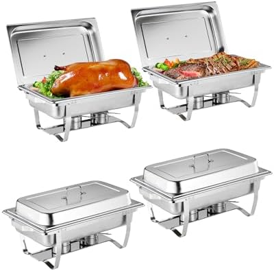 4 Pack Chafing Dishes for Buffet, Stainless Steel Catering Chafer with Lids, Pans & Fuel Holder, 8QT Food