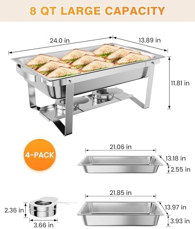 4 Pack Chafing Dishes for Buffet, Stainless Steel Catering Chafer with Lids, Pans & Fuel Holder, 8QT Food, alternate view 3