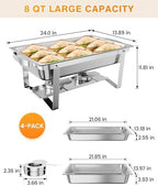 4 Pack Chafing Dishes for Buffet, Stainless Steel Catering Chafer with Lids, Pans & Fuel Holder, 8QT Food, alternate view 3
