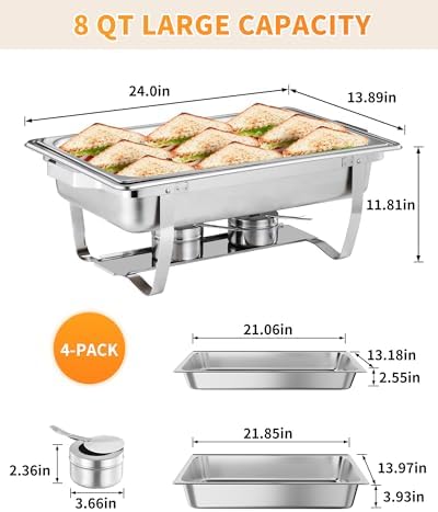 4 Pack Chafing Dishes for Buffet, Stainless Steel Catering Chafer with Lids, Pans & Fuel Holder, 8QT Food, alternate view 5