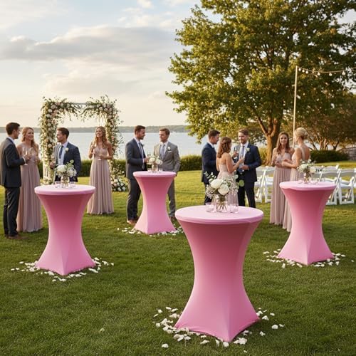 4 Pack Cocktail Tablecloth Bar Top Table Covers Round Pink Spandex, alternate view 2