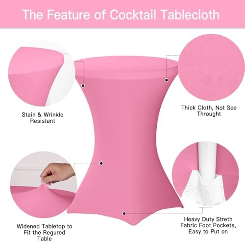 4 Pack Cocktail Tablecloth Bar Top Table Covers Round Pink Spandex, alternate view 4