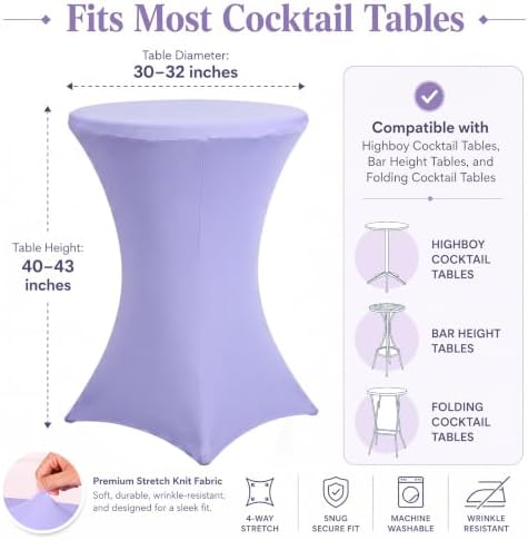 4 Pack Cocktail Tablecloth Bar Top Table Covers Round Purple Spandex in Lavender, alternate view 3