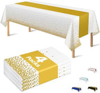 4 Pack Disposable Plastic Table Cloths for Parties, White and Gold Rectangle Table Covers for Fall Decor Wedding