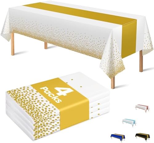 4 Pack Disposable Plastic Table Cloths for Parties, White and Gold Rectangle Table Covers for Fall Decor Wedding