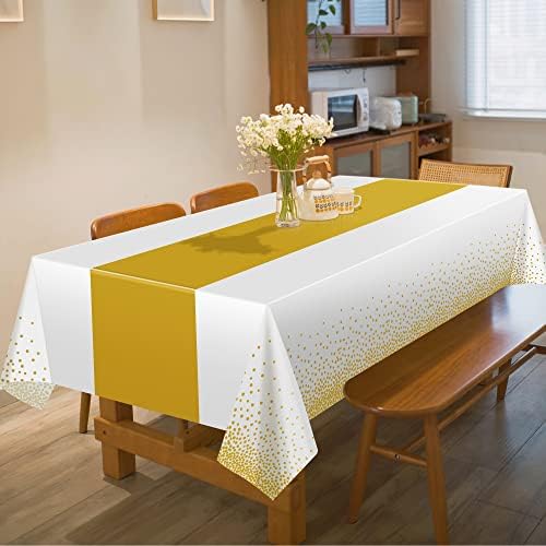 4 Pack Disposable Plastic Table Cloths for Parties, White and Gold Rectangle Table Covers for Fall Decor Wedding, alternate