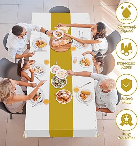 4 Pack Disposable Plastic Table Cloths for Parties, White and Gold Rectangle Table Covers for Fall Decor Wedding, alternate