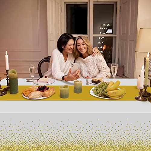 4 Pack Disposable Plastic Table Cloths for Parties, White and Gold Rectangle Table Covers for Fall Decor Wedding, alternate