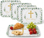 4 Pack Eucalyptus God Bless Melamine Serving Trays, 13 x 10 Inch Rectangular Religious Decorative Platters with
