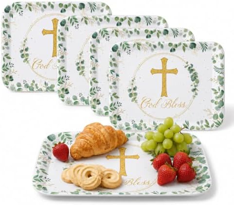 4 Pack Eucalyptus God Bless Melamine Serving Trays, 13 x 10 Inch Rectangular Religious Decorative Platters with