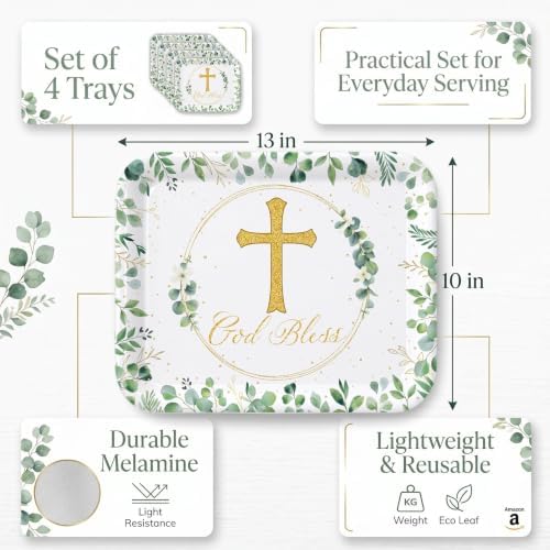 4 Pack Eucalyptus God Bless Melamine Serving Trays, 13 x 10 Inch Rectangular Religious Decorative Platters with, alternate