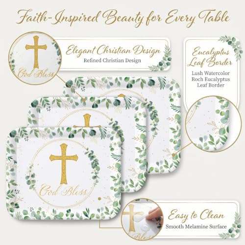 4 Pack Eucalyptus God Bless Melamine Serving Trays, 13 x 10 Inch Rectangular Religious Decorative Platters with, alternate