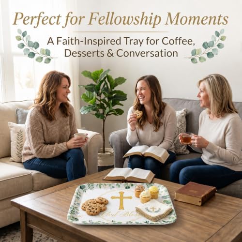4 Pack Eucalyptus God Bless Melamine Serving Trays, 13 x 10 Inch Rectangular Religious Decorative Platters with, alternate