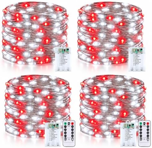 4 Pack Fairy Lights Battery Operated Twinkle Lights Remote Red Cool White in Red and White