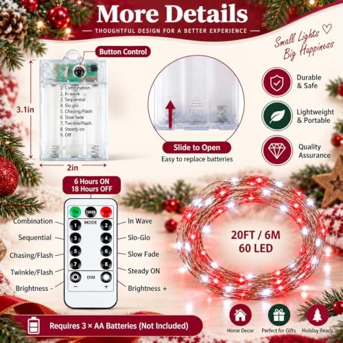 4 Pack Fairy Lights Battery Operated Twinkle Lights Remote Red Cool White in Red and White, alternate view 6