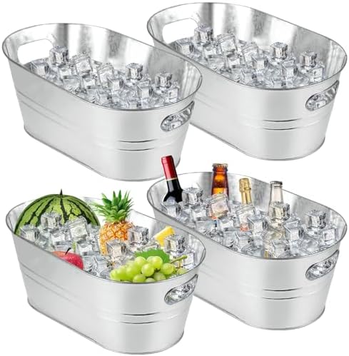4 Pack Galvanized Tub 3.3 Gallon Ice Bucket Large Metal Champagne Drink Bucket with Handles Galvanized Ice