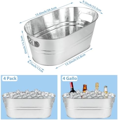 4 Pack Galvanized Tub 3.3 Gallon Ice Bucket Large Metal Champagne Drink Bucket with Handles Galvanized Ice, alternate view 2