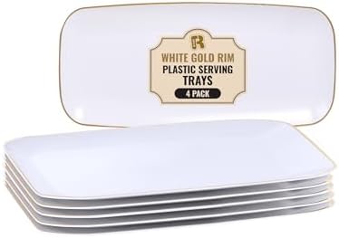 4 Pack Gold Rim Plastic Serving Trays - 10 by 5.5 in Heavy Duty Rectangular Platters for Food and Desserts