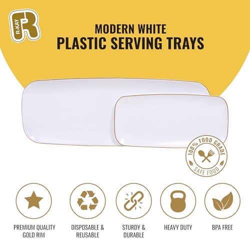 4 Pack Gold Rim Plastic Serving Trays - 10 by 5.5 in Heavy Duty Rectangular Platters for Food and Desserts, alternate view 7